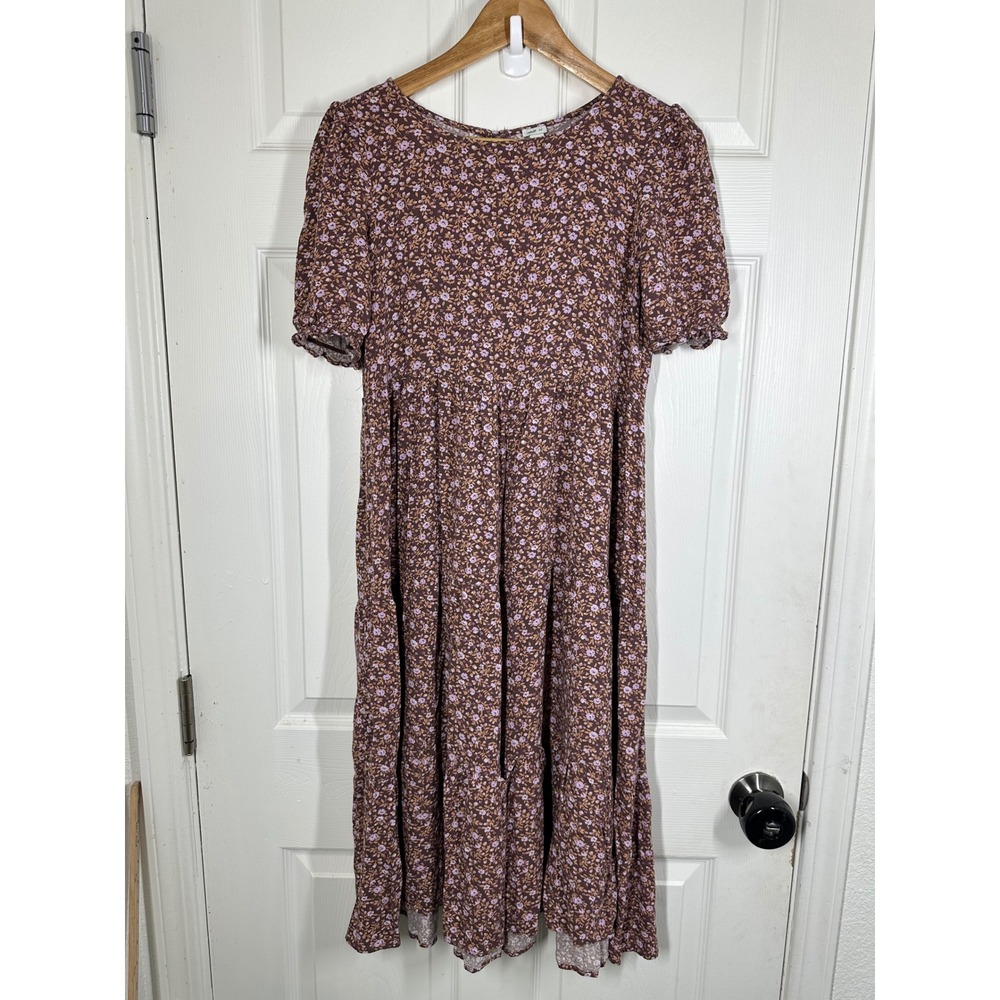 Aerie Dress Womens S Brown Floral Babydoll Tiered Midi Short Puff Sleeve Boho